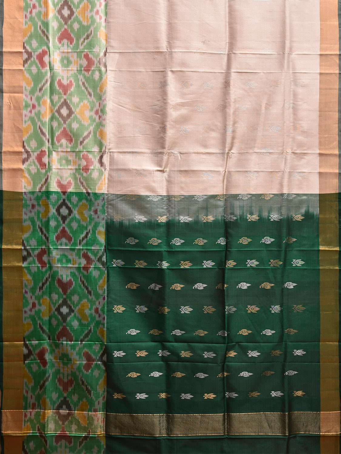 Beige and Dark Green Uppada Silk Handloom Saree with One Side Ikat Border Design u2430