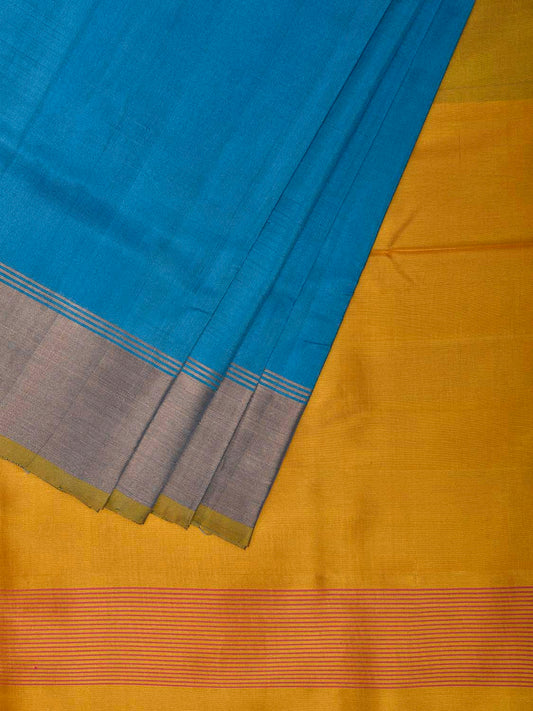 Blue and Yellow Uppada Silk Handloom Plain Saree with Contrast Pallu Design u2432