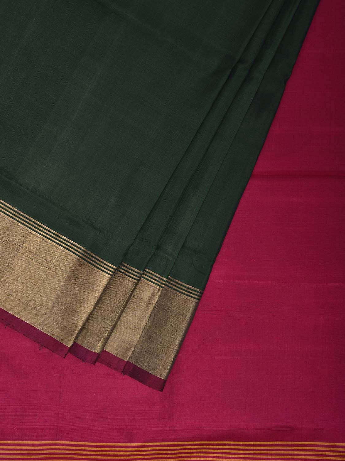 Dark Green and Pink Uppada Silk Handloom Plain Saree with Contrast Pallu Design u2433