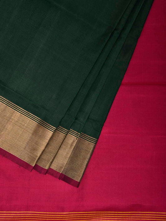 Dark Green and Pink Uppada Silk Handloom Plain Saree with Contrast Pallu Design u2433