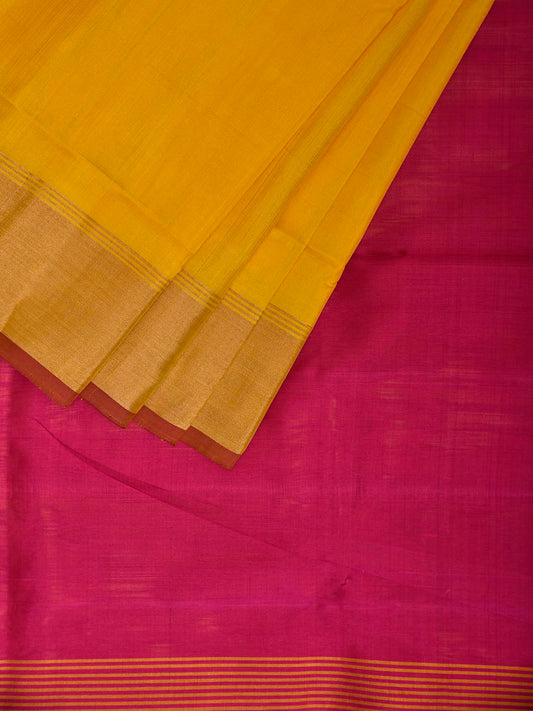 Yellow and Pink Uppada Silk Handloom Plain Saree with Contrast Pallu Design u2434