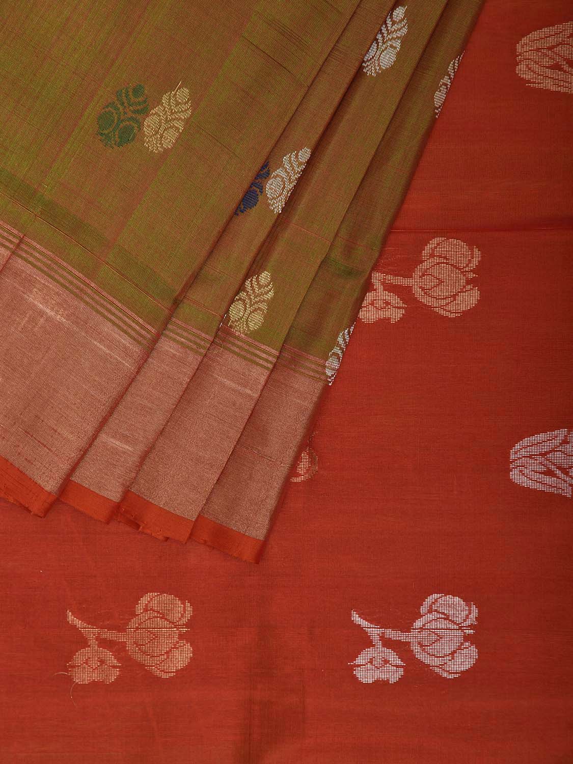 Olive and Orange Uppada Silk Handloom Saree with Body Buta Design u2435