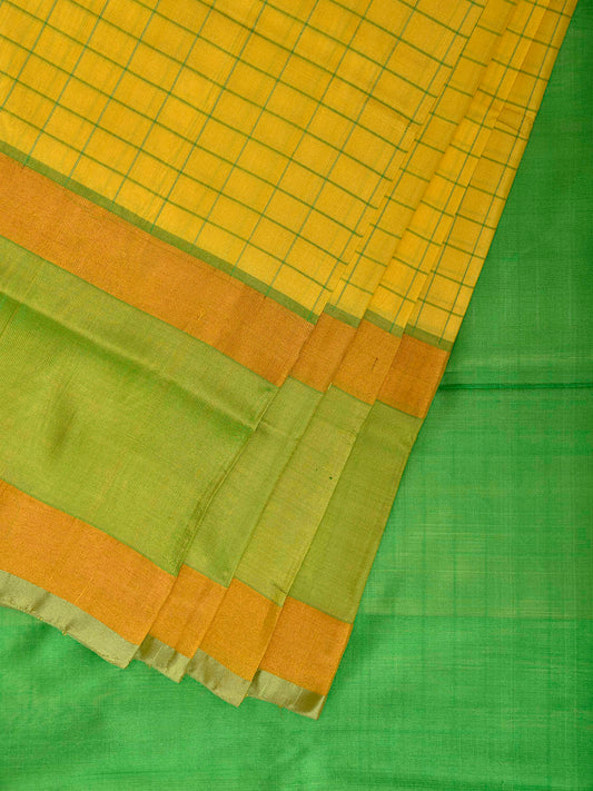 Yellow and Green Uppada Silk Handloom Saree with Checks Design u2437