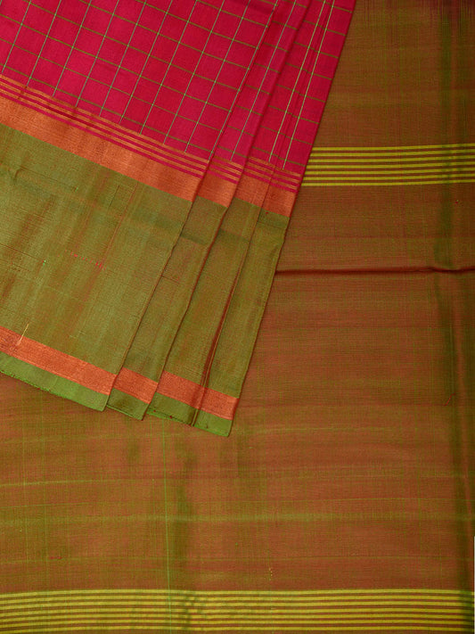 Pink and Olive Uppada Silk Handloom Saree with Checks Design u2439