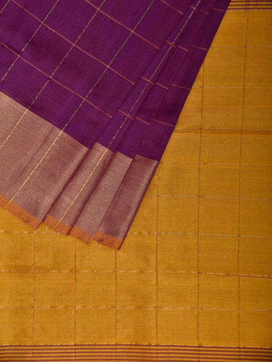 Purple and Yellow Uppada Silk Handloom Saree with Big Checks Design u2440