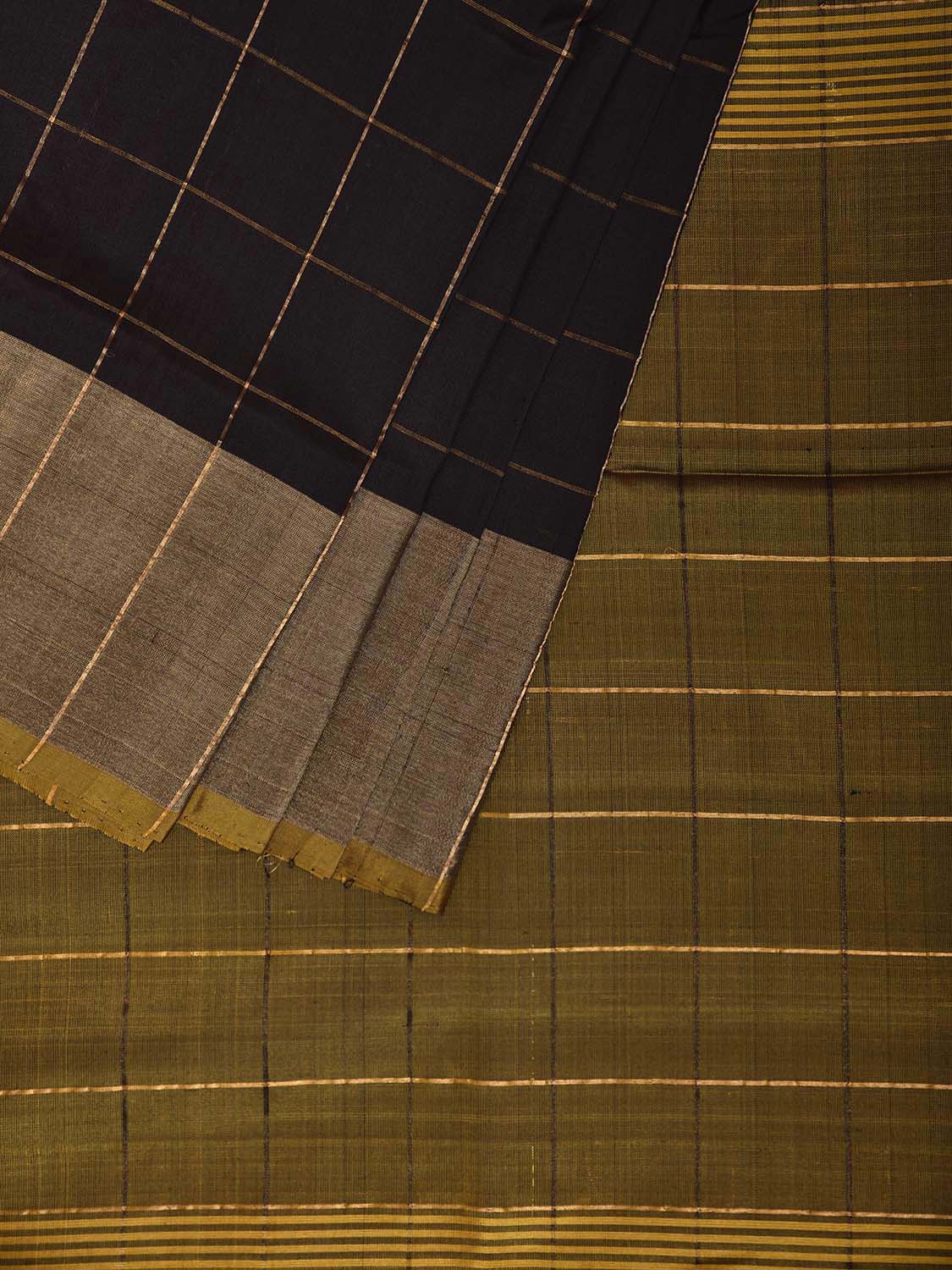 Black and Olive Uppada Silk Handloom Saree with Big Checks Design u2441
