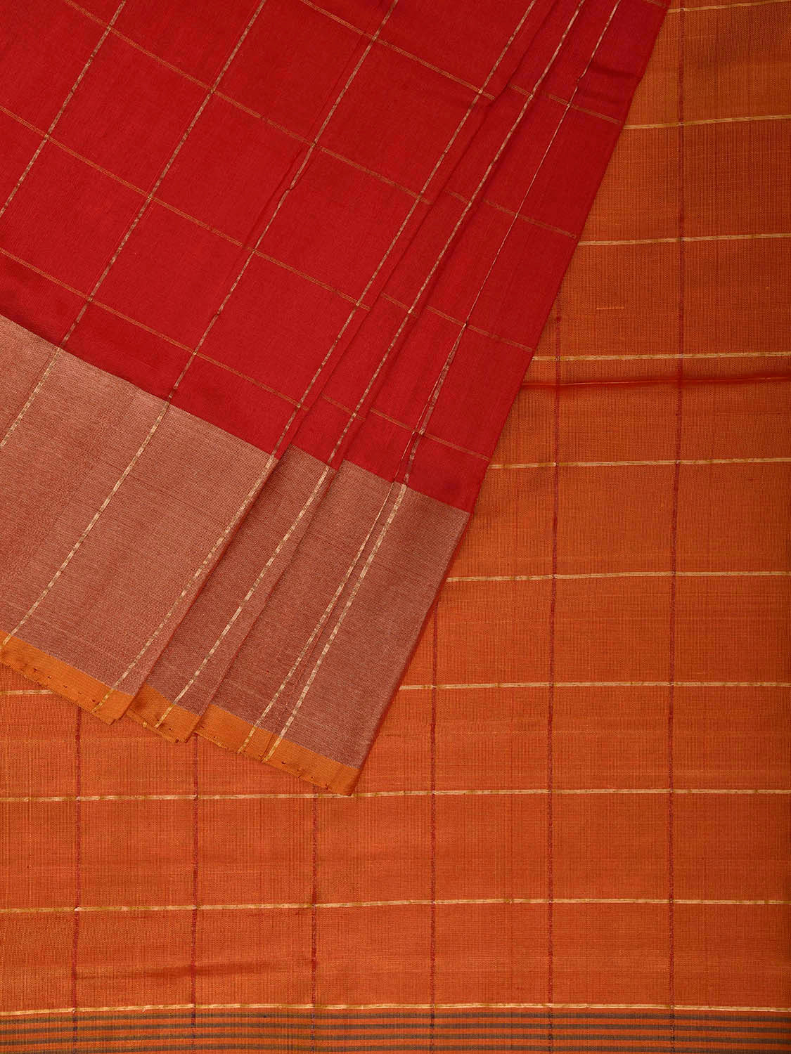 Red and Mustard Uppada Silk Handloom Saree with Big Checks Design u2443