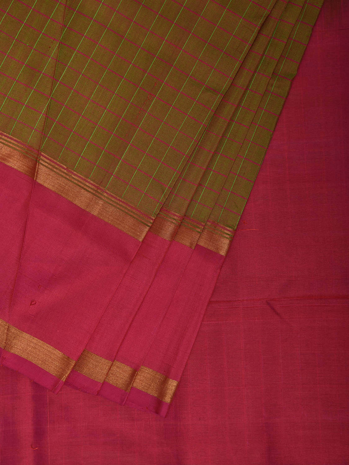 Olive and Pink Uppada Silk Handloom Saree with Checks and Contrast Pallu Design u2446