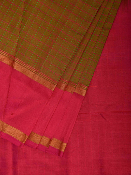 Olive and Pink Uppada Silk Handloom Saree with Checks and Contrast Pallu Design u2446