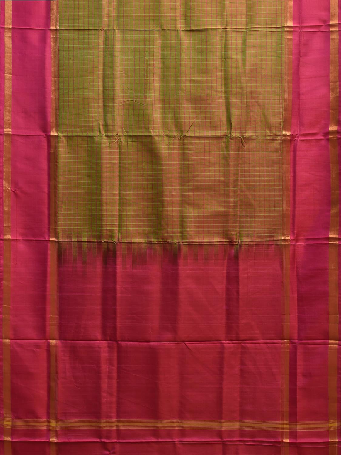 Olive and Pink Uppada Silk Handloom Saree with Checks and Contrast Pallu Design u2446