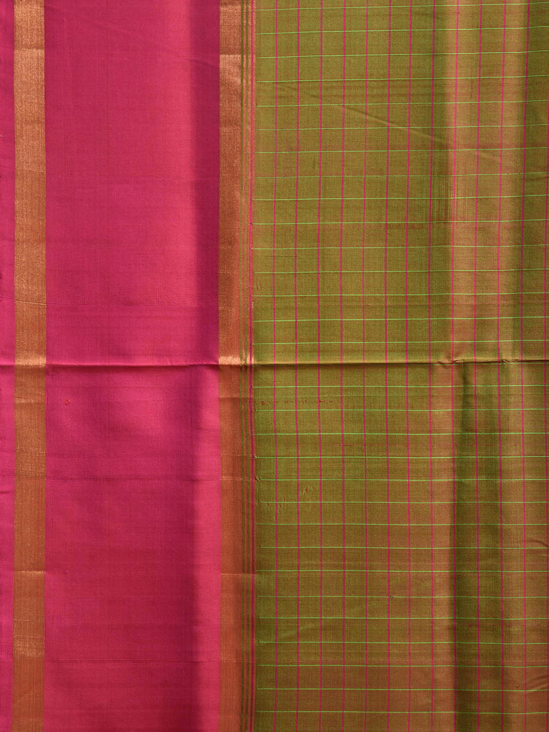 Olive and Pink Uppada Silk Handloom Saree with Checks and Contrast Pallu Design u2446