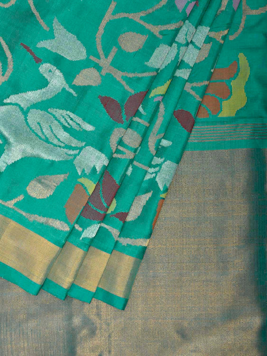 Turquoise Uppada Silk Handloom Saree with All Over Birds and Floral Design u2448