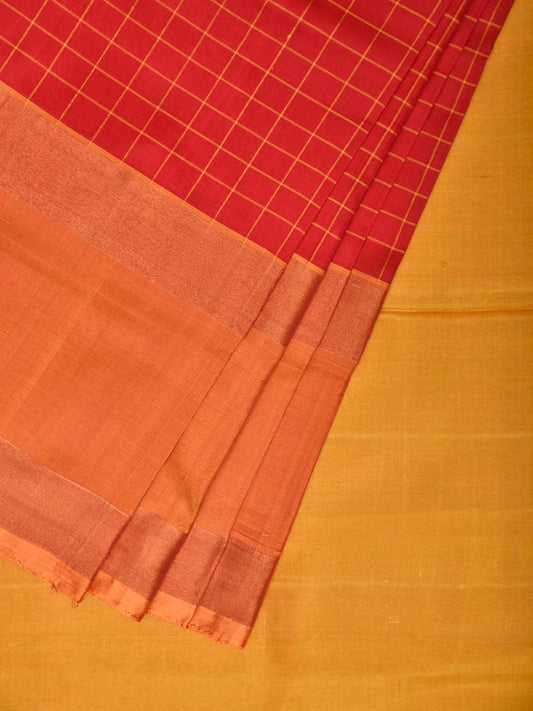 Red and Mustard Uppada Silk Handloom Saree with Checks and Contrast Pallu Design u2452