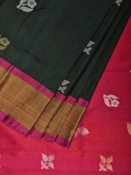 Dark Green and Pink Uppada Silk Handloom Saree with Body Buta Design u2462