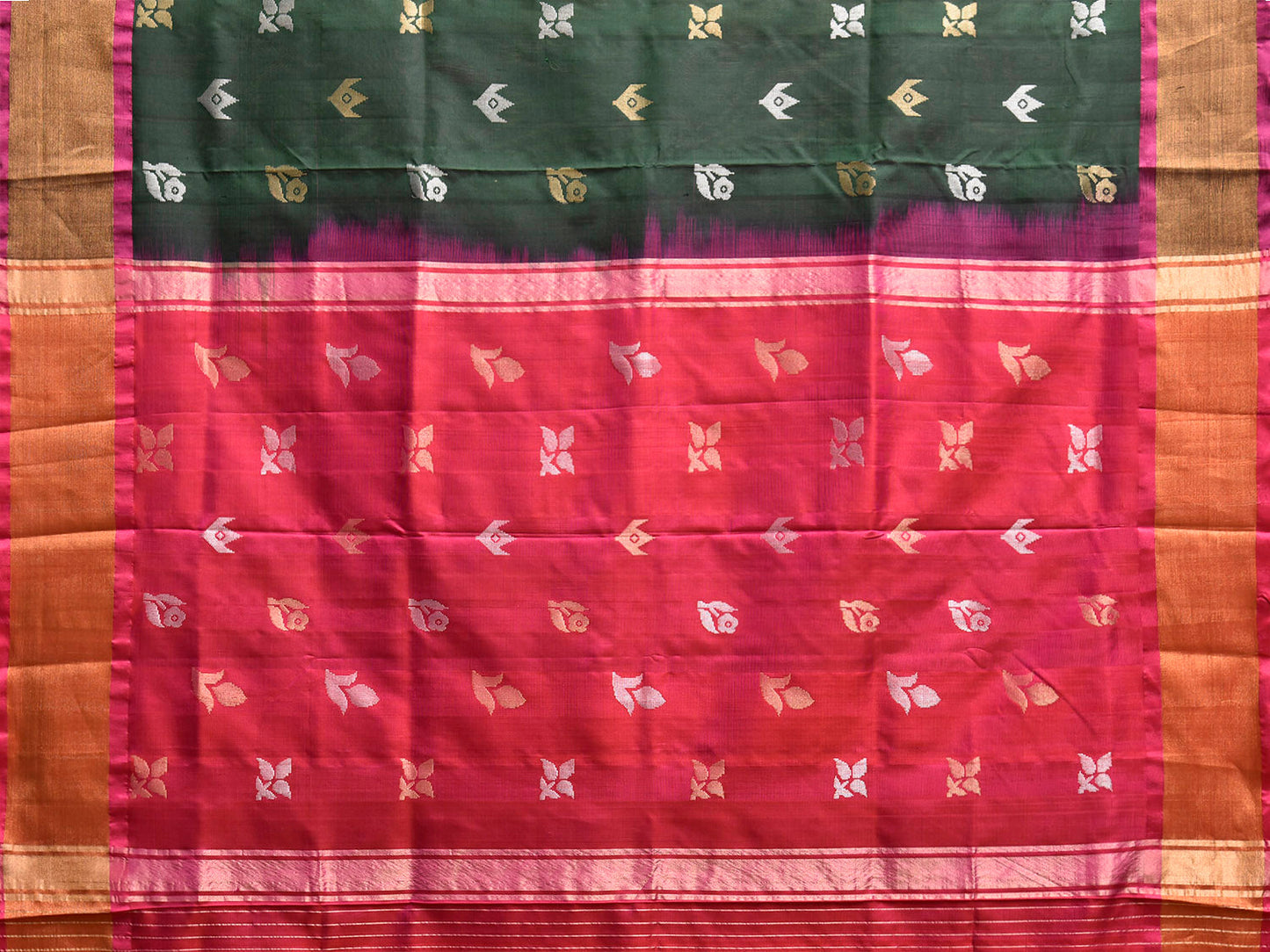 Dark Green and Pink Uppada Silk Handloom Saree with Body Buta Design u2462