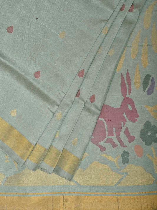 Sea Green Uppada Silk Handloom Saree with Floral and Animals Pallu Design u2472