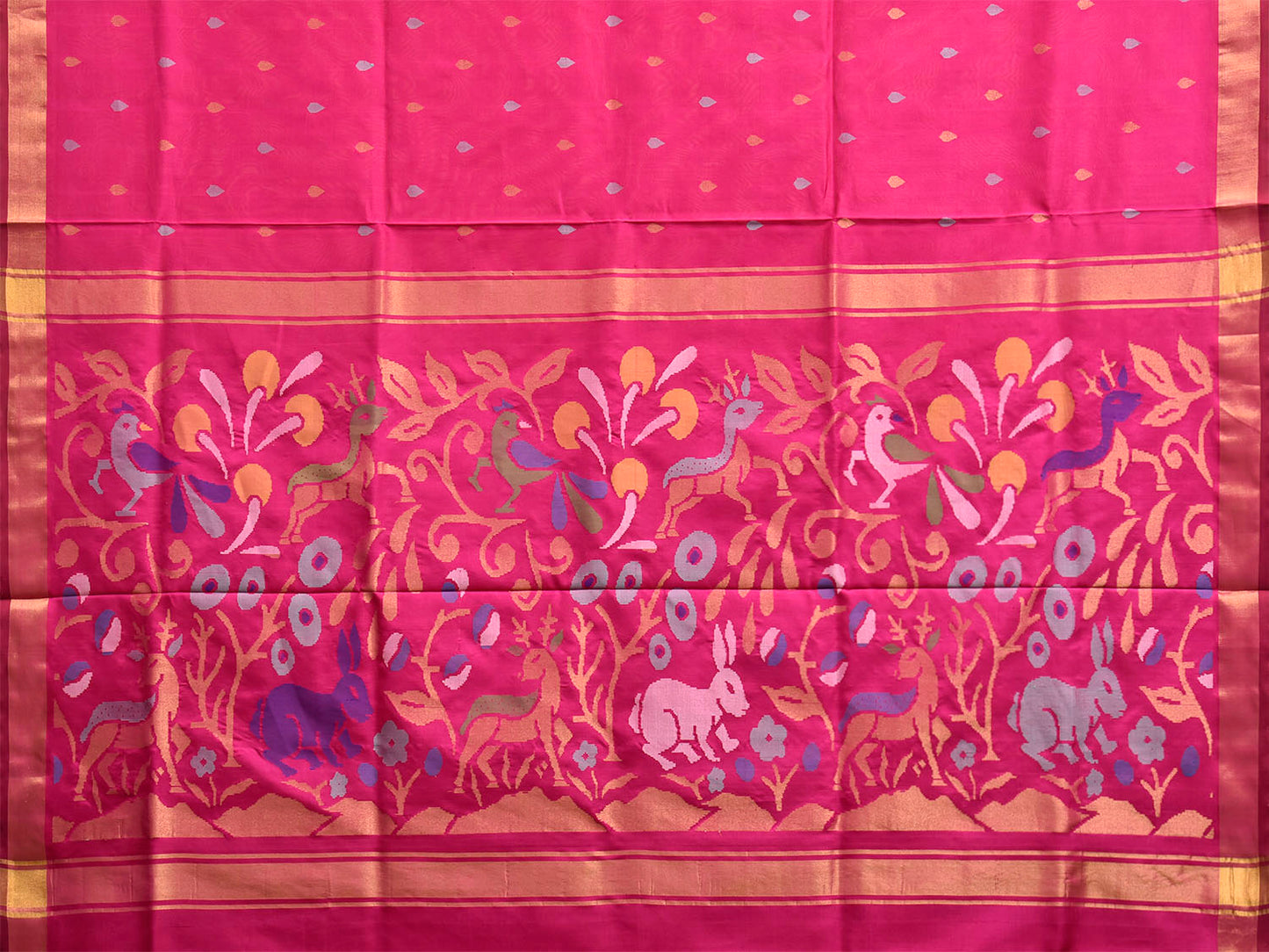 Pink Uppada Silk Handloom Saree with Floral and Animals Pallu Design u2473