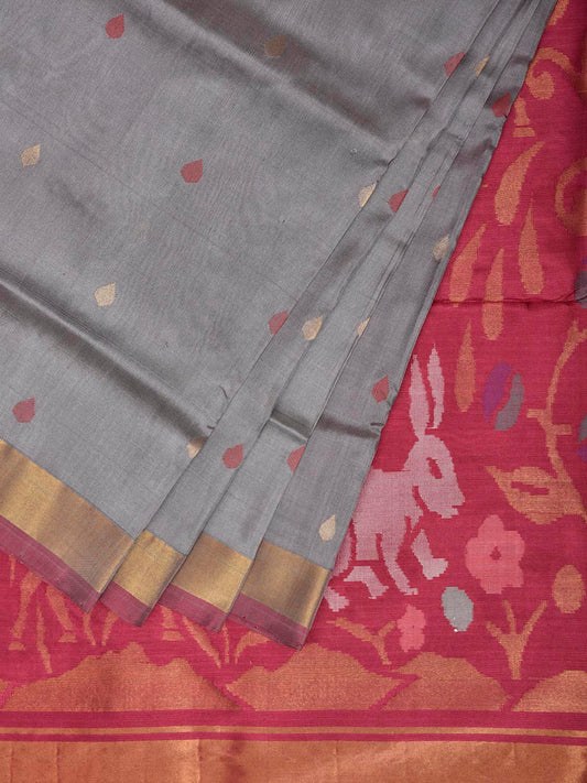 Grey and Pink Uppada Silk Handloom Saree with Floral and Animals Pallu Design u2474