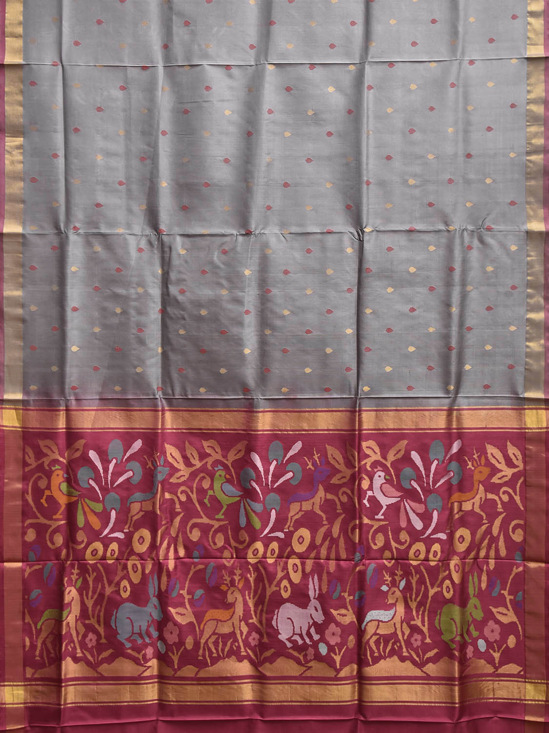 Grey and Pink Uppada Silk Handloom Saree with Floral and Animals Pallu Design u2474