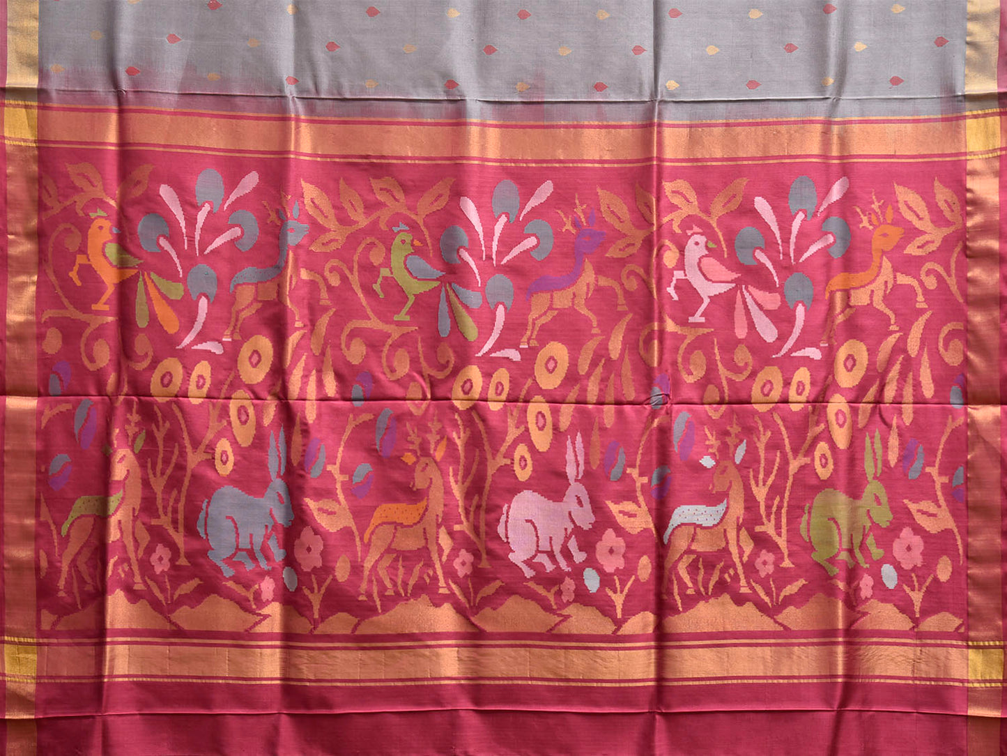 Grey and Pink Uppada Silk Handloom Saree with Floral and Animals Pallu Design u2474