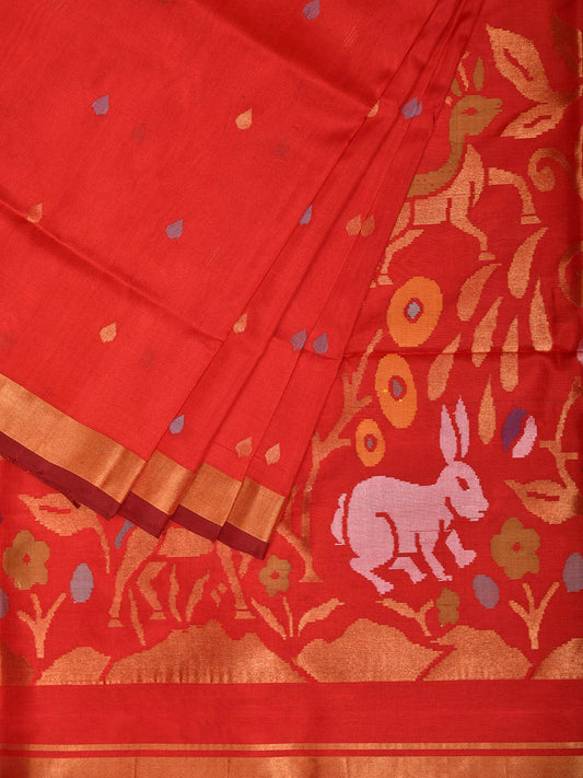 Red Uppada Silk Handloom Saree with Floral and Animals Pallu Design u2475