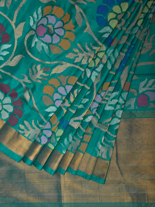 Turquoise Uppada Silk Handloom Saree with All Over Floral Design u2484