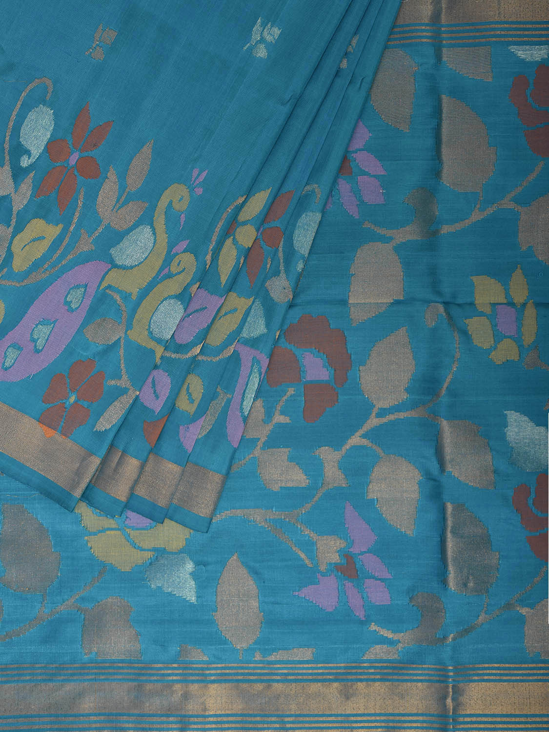 Blue Uppada Silk Handloom Saree with One Side Peacocks Border Design u2487