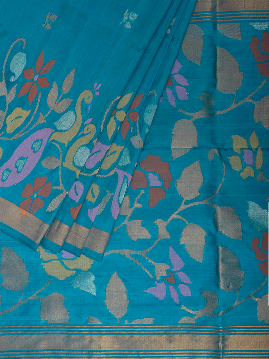 Blue Uppada Silk Handloom Saree with One Side Peacocks Border Design u2487