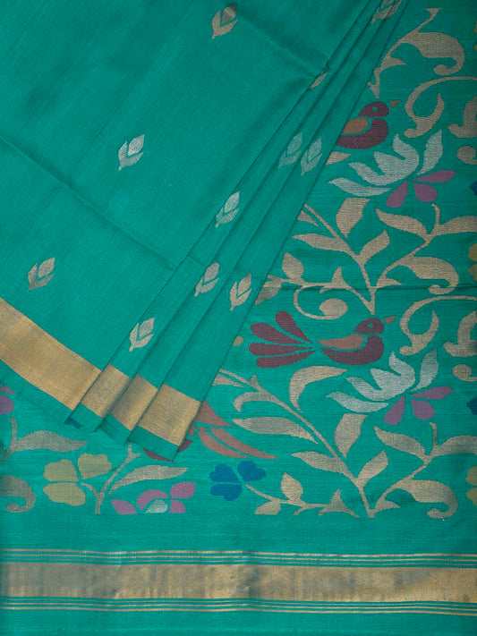 Turquoise Uppada Silk Handloom Saree with Floral and Birds Pallu Design u2491