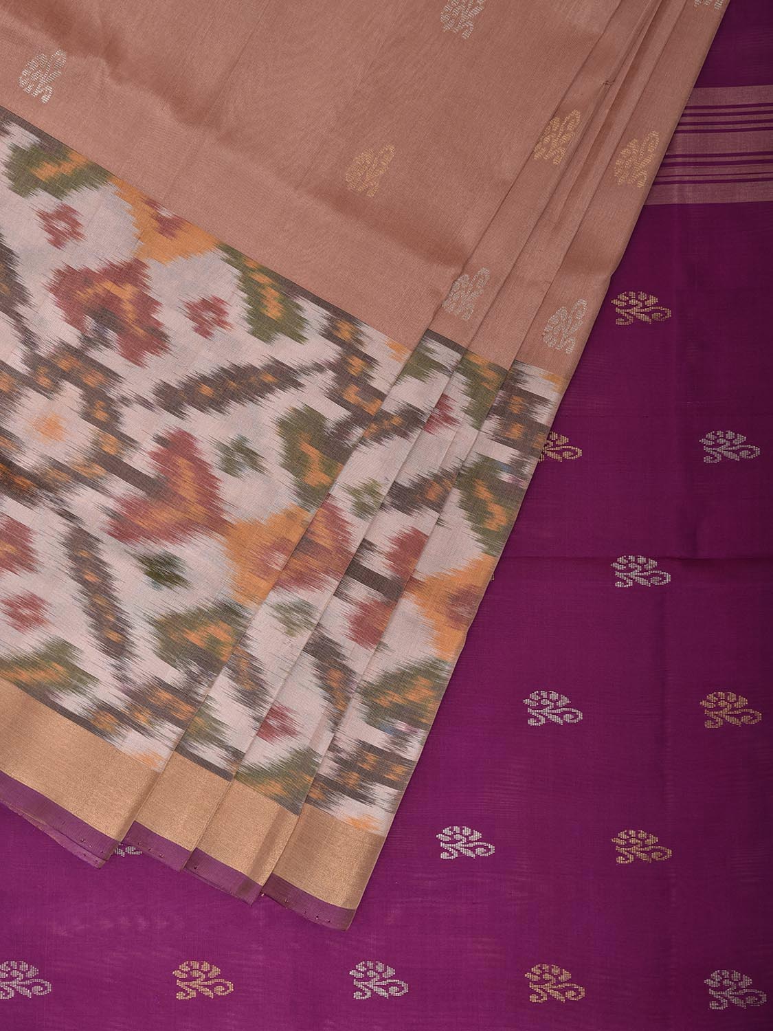 Light Peach and Purple Uppada Silk Handloom Saree with One Side Ikat Border Design u2497