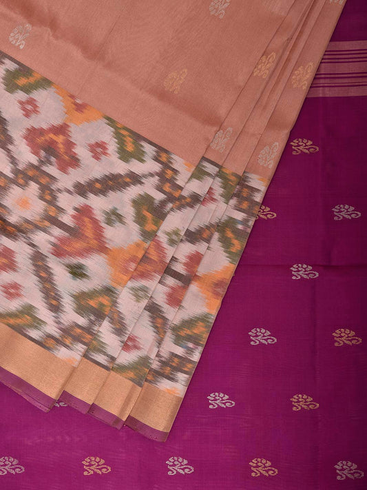 Light Peach and Purple Uppada Silk Handloom Saree with One Side Ikat Border Design u2497