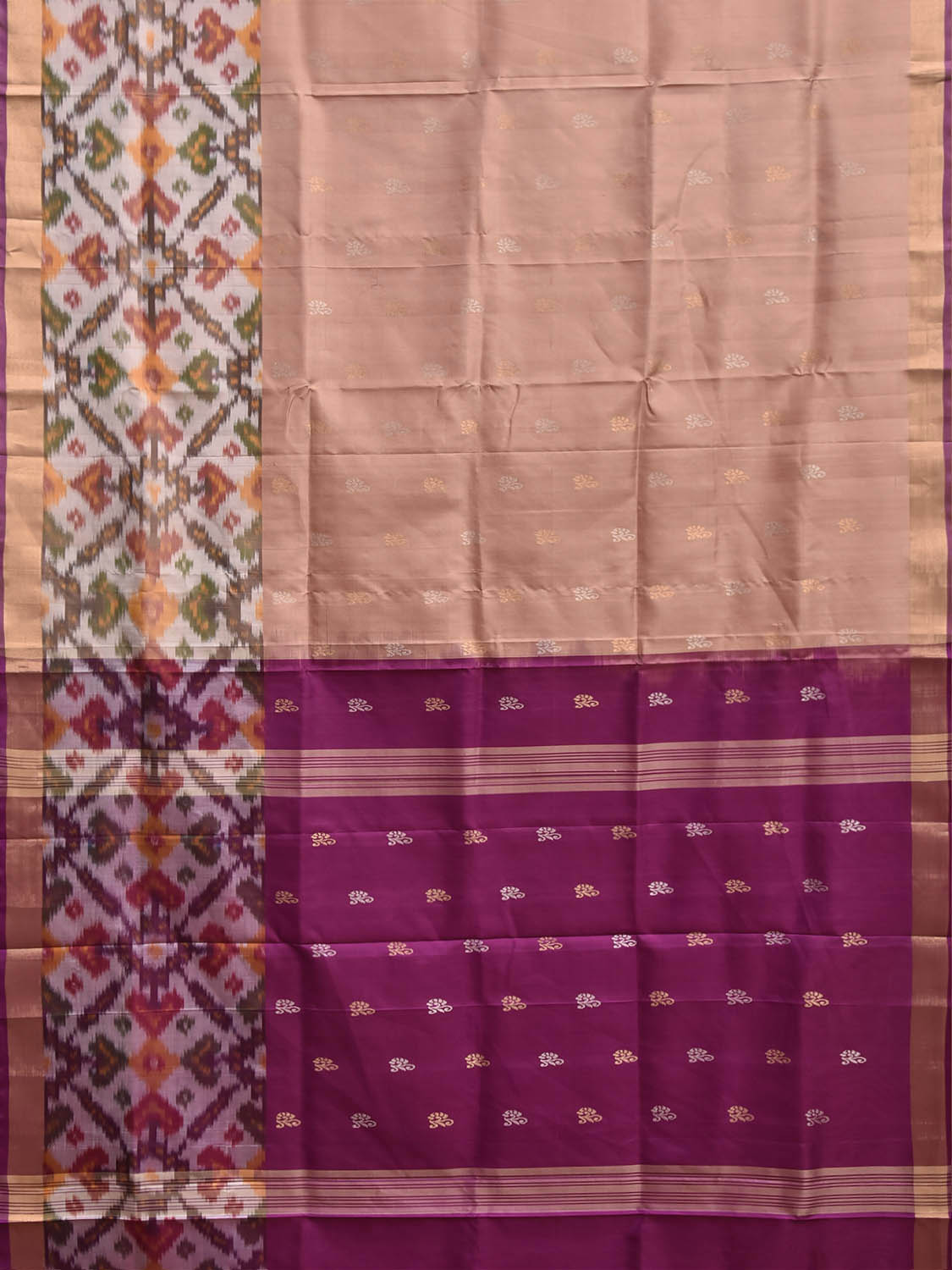 Light Peach and Purple Uppada Silk Handloom Saree with One Side Ikat Border Design u2497