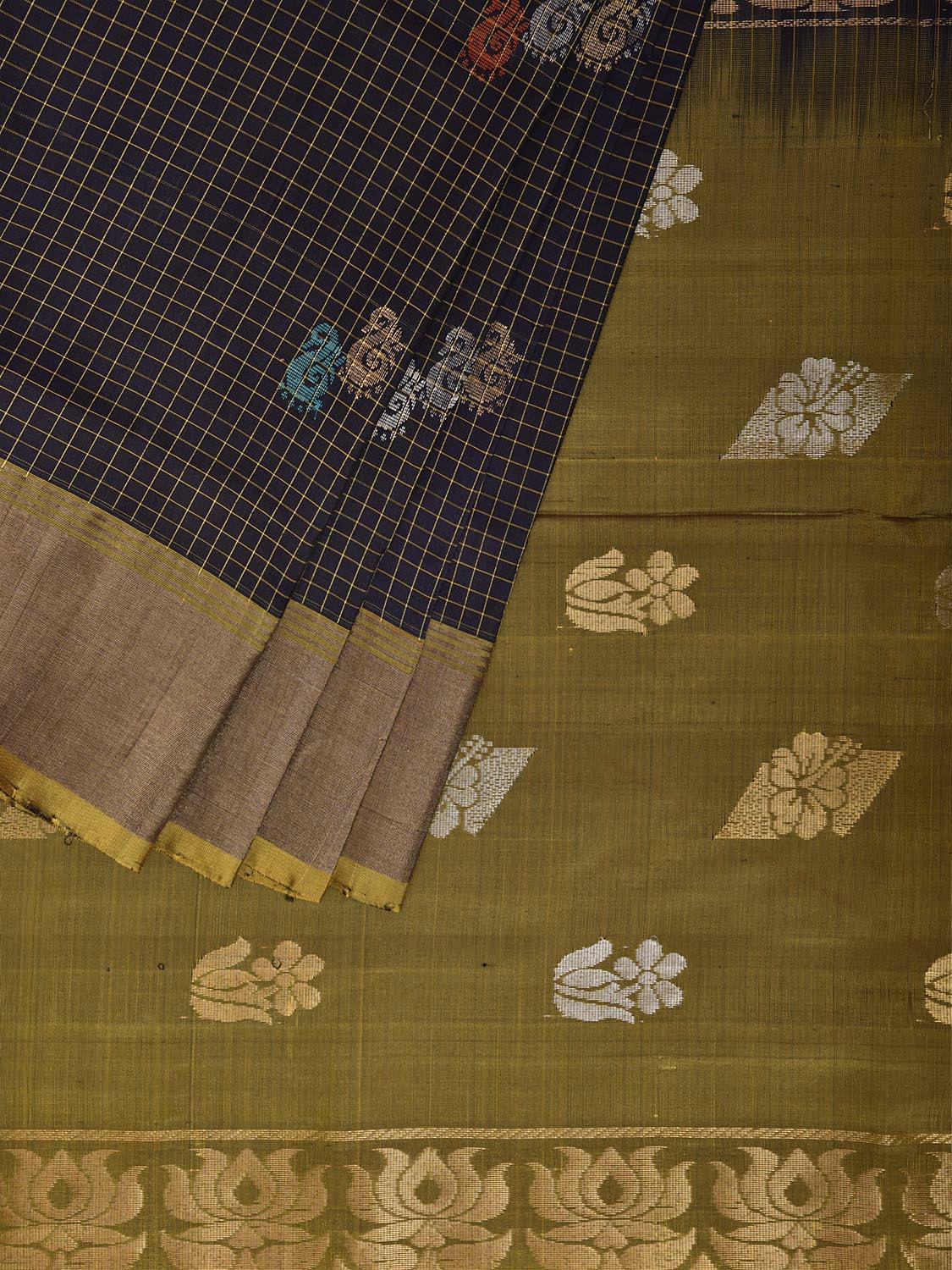 Navy and Olive Uppada Silk Handloom Saree with Checks and Buta Design u2498