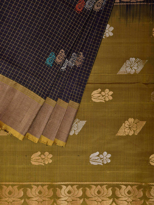 Navy and Olive Uppada Silk Handloom Saree with Checks and Buta Design u2498