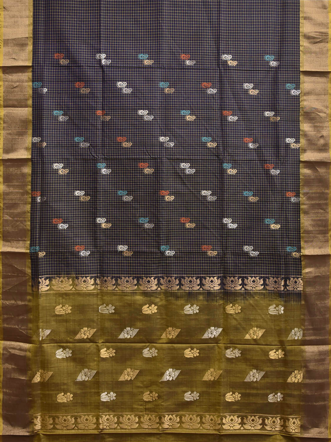 Navy and Olive Uppada Silk Handloom Saree with Checks and Buta Design u2498