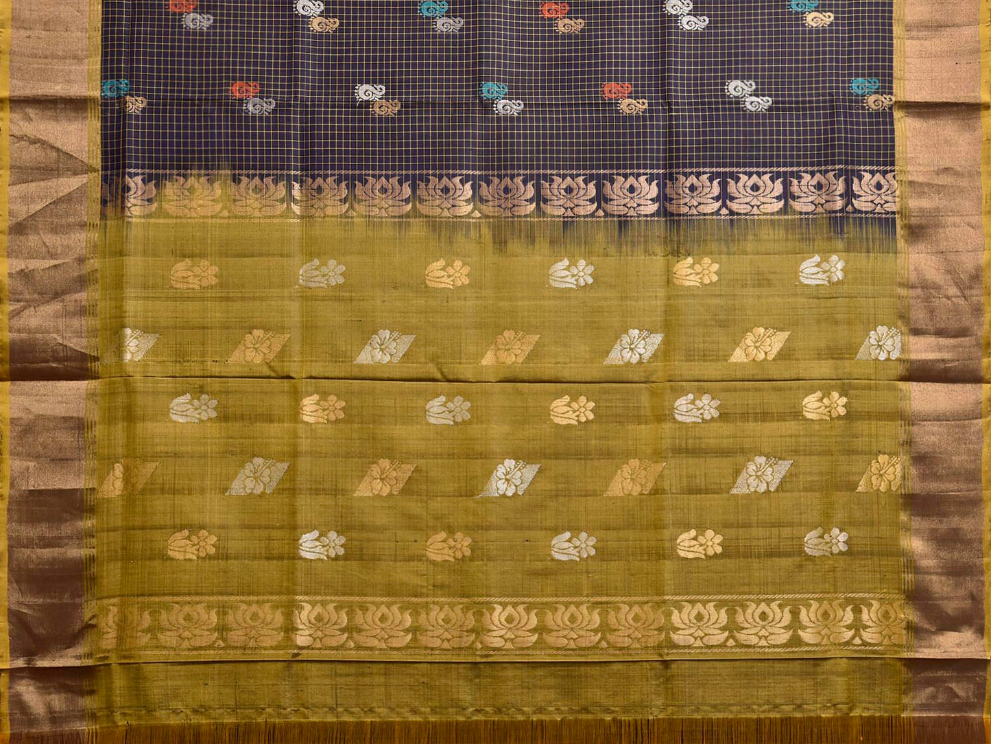 Navy and Olive Uppada Silk Handloom Saree with Checks and Buta Design u2498