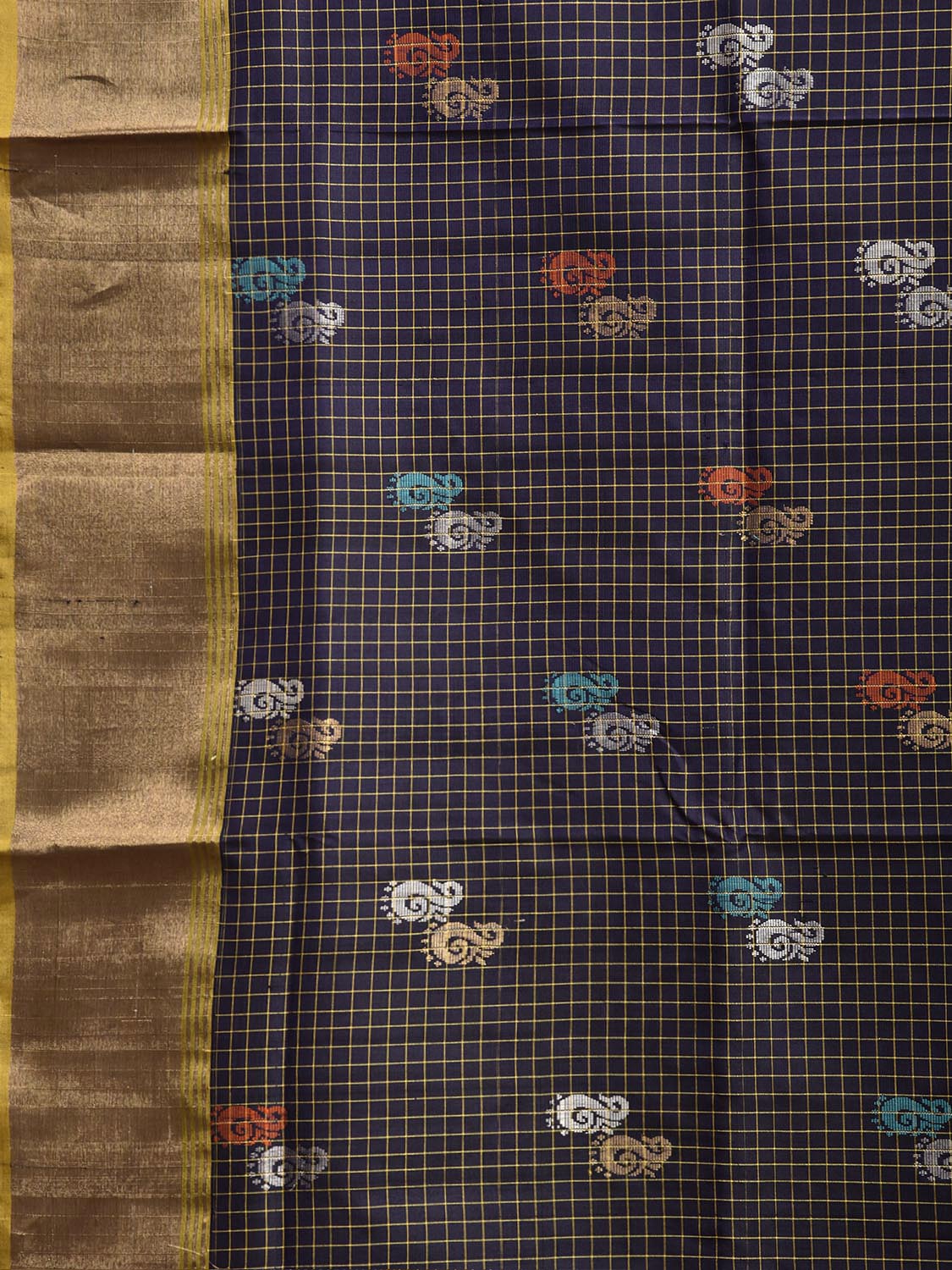 Navy and Olive Uppada Silk Handloom Saree with Checks and Buta Design u2498
