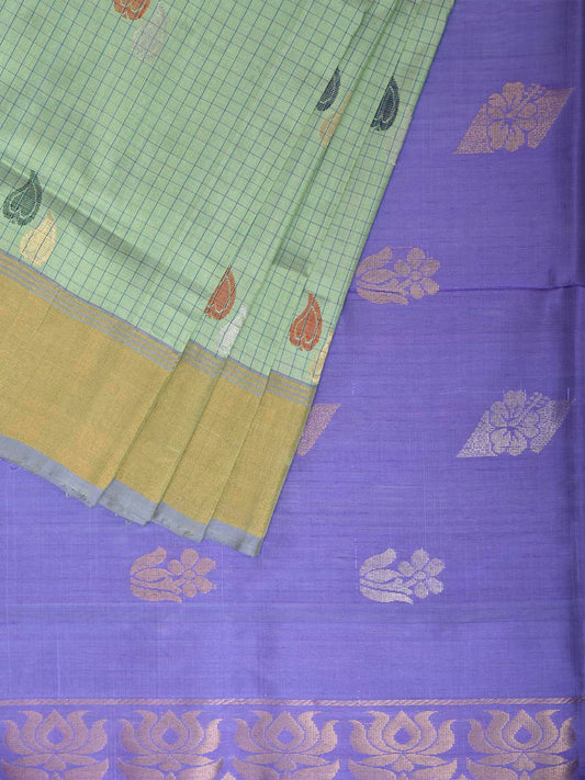 Turquoise and Lavender Uppada Silk Handloom Saree with Checks and Buta Design u2499