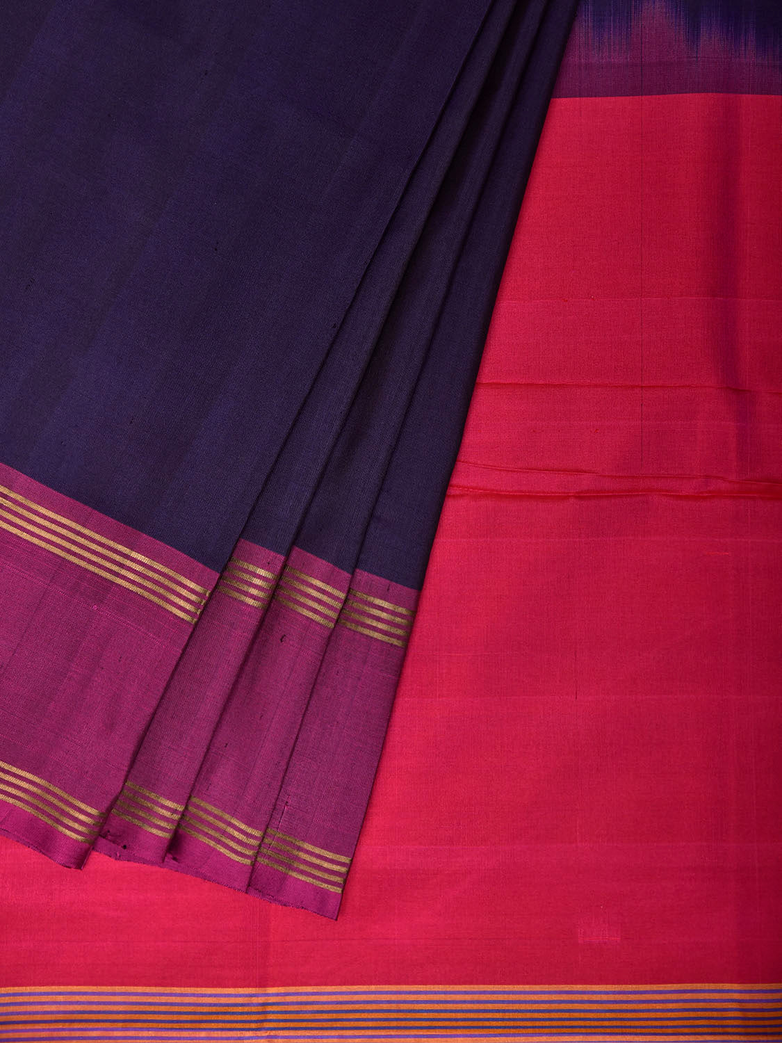 Navy and Pink Uppada Silk Handloom Plain Saree with Contrast Pallu Design u2500