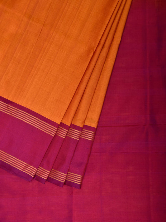 Orange and Pink Uppada Silk Handloom Plain Saree with Contrast Pallu Design u2502