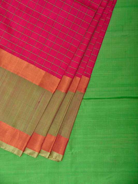 Pink and Light Green Uppada Silk Handloom Saree with Checks Design u2505