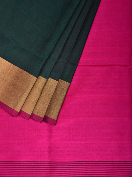 Dark Green and Pink Uppada Silk Handloom Plain Saree with Contrast Pallu Design u2506