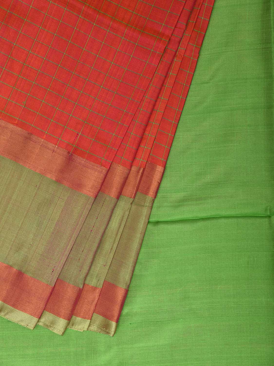 Red and Light Green Uppada Silk Handloom Saree with Checks Design u2507