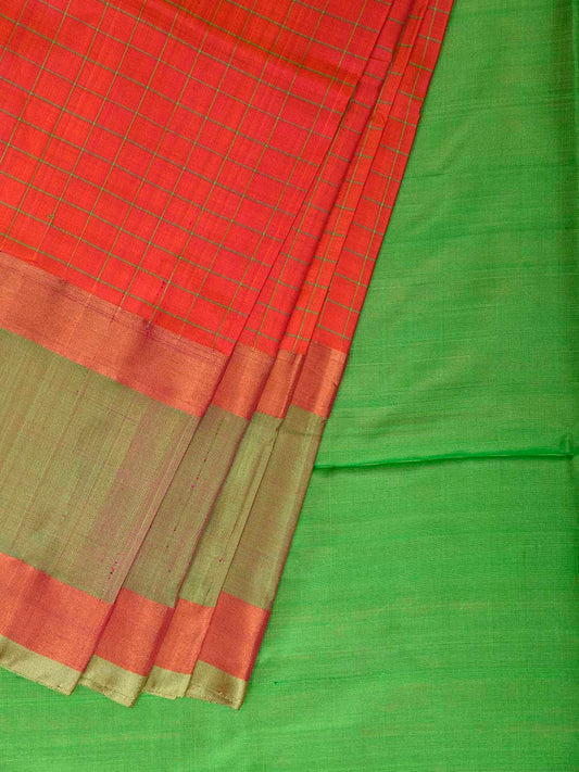 Red and Light Green Uppada Silk Handloom Saree with Checks Design u2507