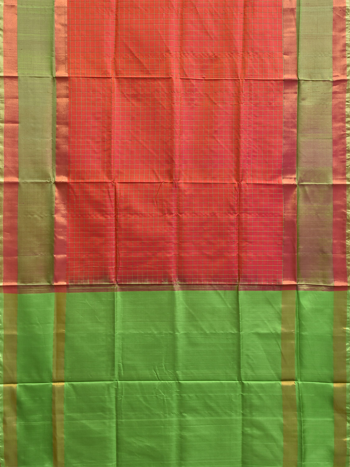 Red and Light Green Uppada Silk Handloom Saree with Checks Design u2507