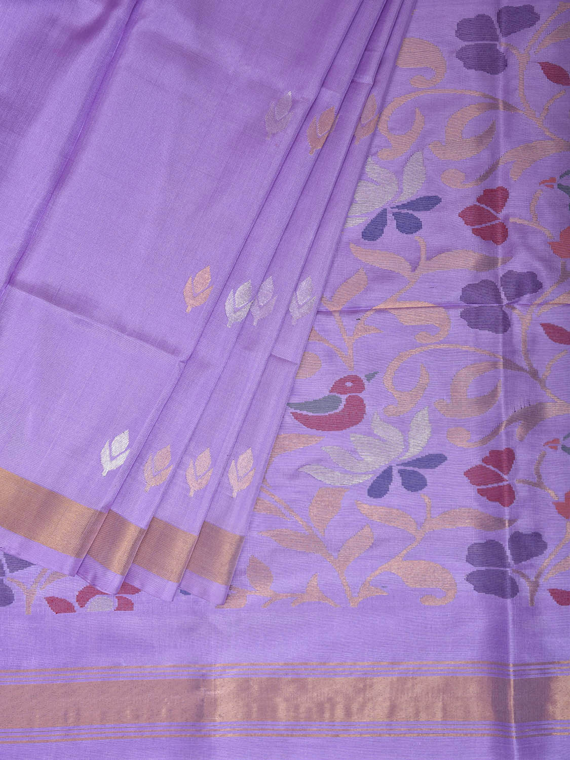 Lavender Uppada Silk Handloom Saree with Floral and Birds Design u2509
