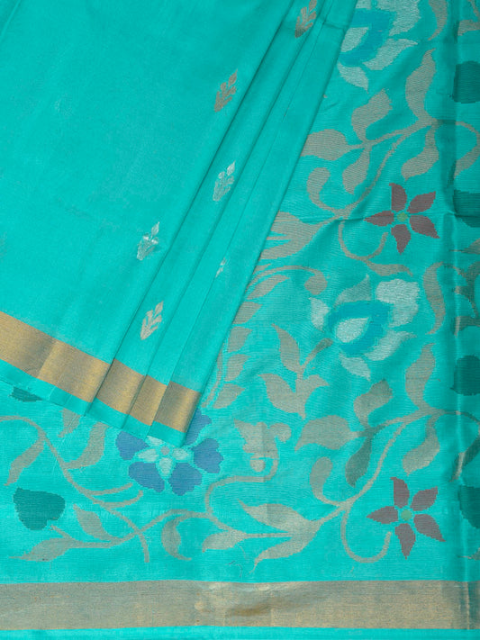 Turquoise Uppada Silk Handloom Saree with Floral Design u2511