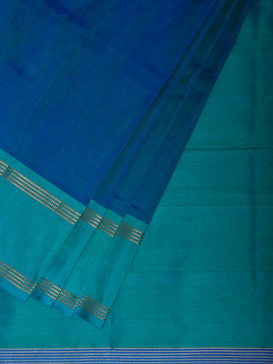 Blue and Truquoise Uppada Silk Handloom Plain Saree with Contrast Pallu Design u2514