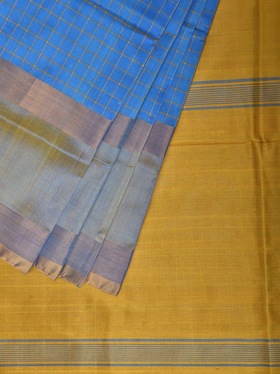 Blue and Yellow Uppada Silk Handloom Saree with Checks and Big Border Design u2518