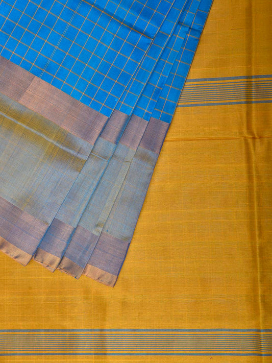 Blue and Yellow Uppada Silk Handloom Saree with Checks and Big Border Design u2518